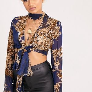 Pretty little thing Blue Sheer Baroque Print Plunge Tie Front Choker Blouse